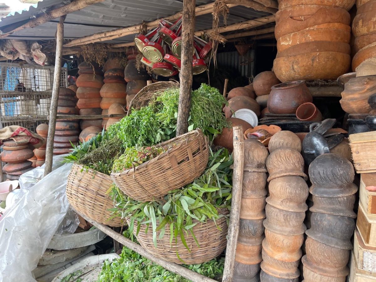 Plantes médicinales et poteries d'un marché traditionnel